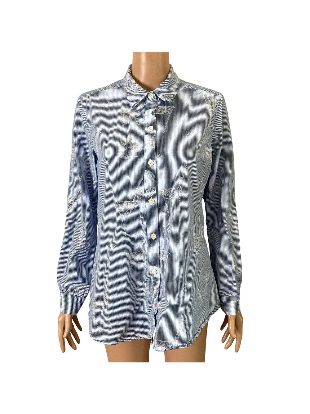 Additions by Chico’s Striped Button Down Shirt Small Embroidered Blue White
